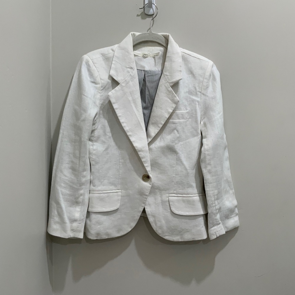 White 100% Linen Single Button Blazer Jacket Pinstripe Lining IM9482E Small